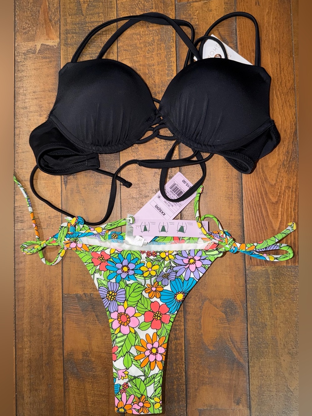 Target Black Push-Up Bikini Top with Multicolor Floral Tie-Side Bottom